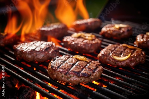 Beef patties on the Charcoal bbq grill machine, Generative ai. photo