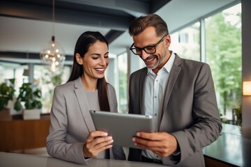 Business colleagues sharing a laugh over a tablet. Male executive and young female employee.