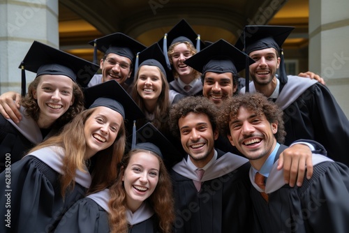 Group photo of happy joyful diverse multiracial college or university graduate student friends in black graduation hats and gowns, with diplomas in hands standing together, with fountain in background