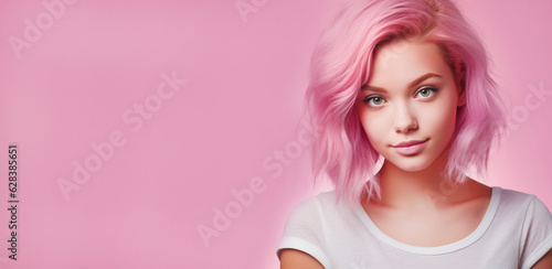 Teenage girl with pink hair in Barbie Pink style on pink background. Trend for individuality and freedom to do what you want with your appearance. Banner. Generative Ai content