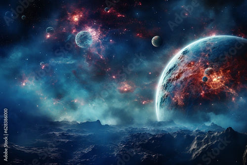 Beautiful Outer Space View with Planets Element and Stars Galaxy Nebula in Blue Sky