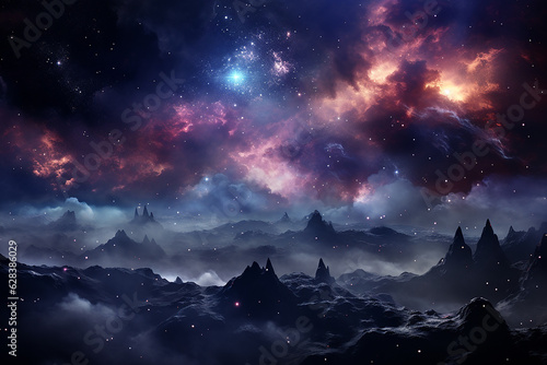 Beautiful Outer Space View with Nebula Light and Stars Galaxy on Dark Sky Background © heartiny
