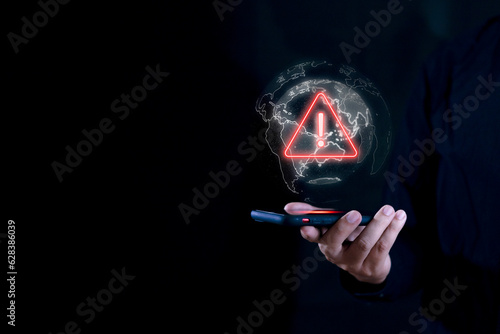 hacker attack maintenance concept and hacking user information cybersecurity global high tech with warning triangle for error notification