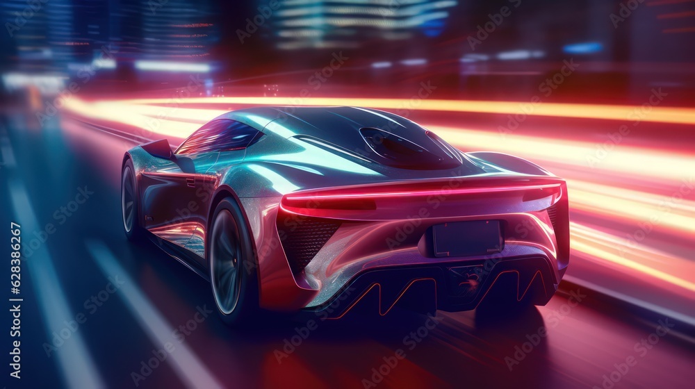 Futuristic sportcar on neon highway by Generative AI