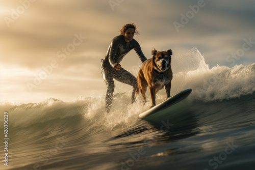 A surfer with their pet, riding the ocean waves. Showcasing an active lifestyle, sportsmanship and a pet-friendly experience in summer. Vintage aesthetic. Generative AI
