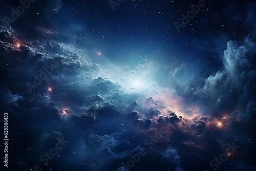 Outer Space View with Shining Nebula and Starlight in Blue Sky Universe