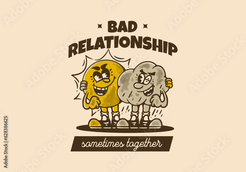 Bad relationship, Vintage mascot character design of a sun and rain cloud