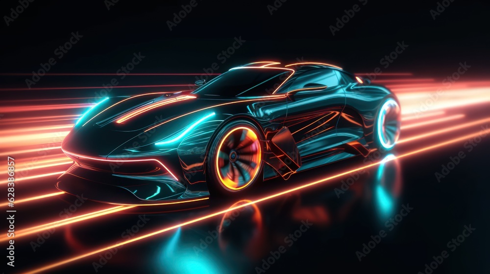 Futuristic sportcar on neon highway by Generative AI Futuristic sportcar on neon highway by Generative AI