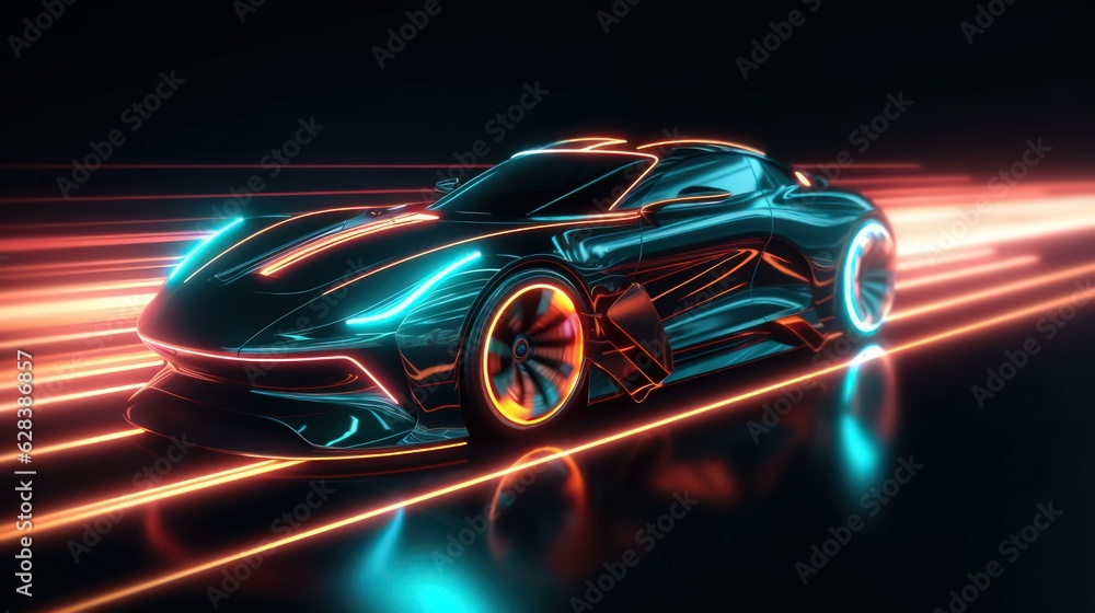 Futuristic sportcar on neon highway by Generative AI