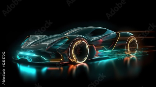 Futuristic sportcar on neon highway by Generative AI photo