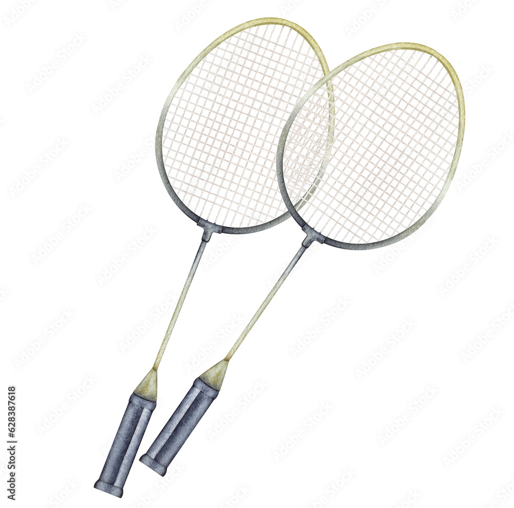 Badminton racket watercolor illustration. Hand drawn and isolated on a white background. Athletic lifestyle, sport design. Badminton racket watercolor illustration. Hand drawn and isolated on a white background. Athletic lifestyle, sport design.