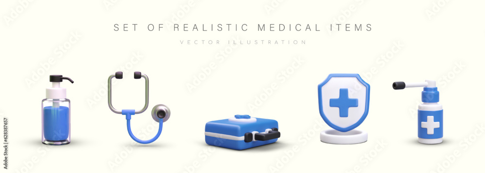 Set of blue medical items. 3D dispenser with antiseptic, stethoscope, first aid kit, medical shield with cross, spray with long nozzle. Treatment, insurance, health care Set of blue medical items. 3D dispenser with antiseptic, stethoscope, first aid kit, medical shield with cross, spray with long nozzle. Treatment, insurance, health care