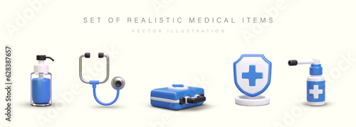 Set of blue medical items. 3D dispenser with antiseptic, stethoscope, first aid kit, medical shield with cross, spray with long nozzle. Treatment, insurance, health care