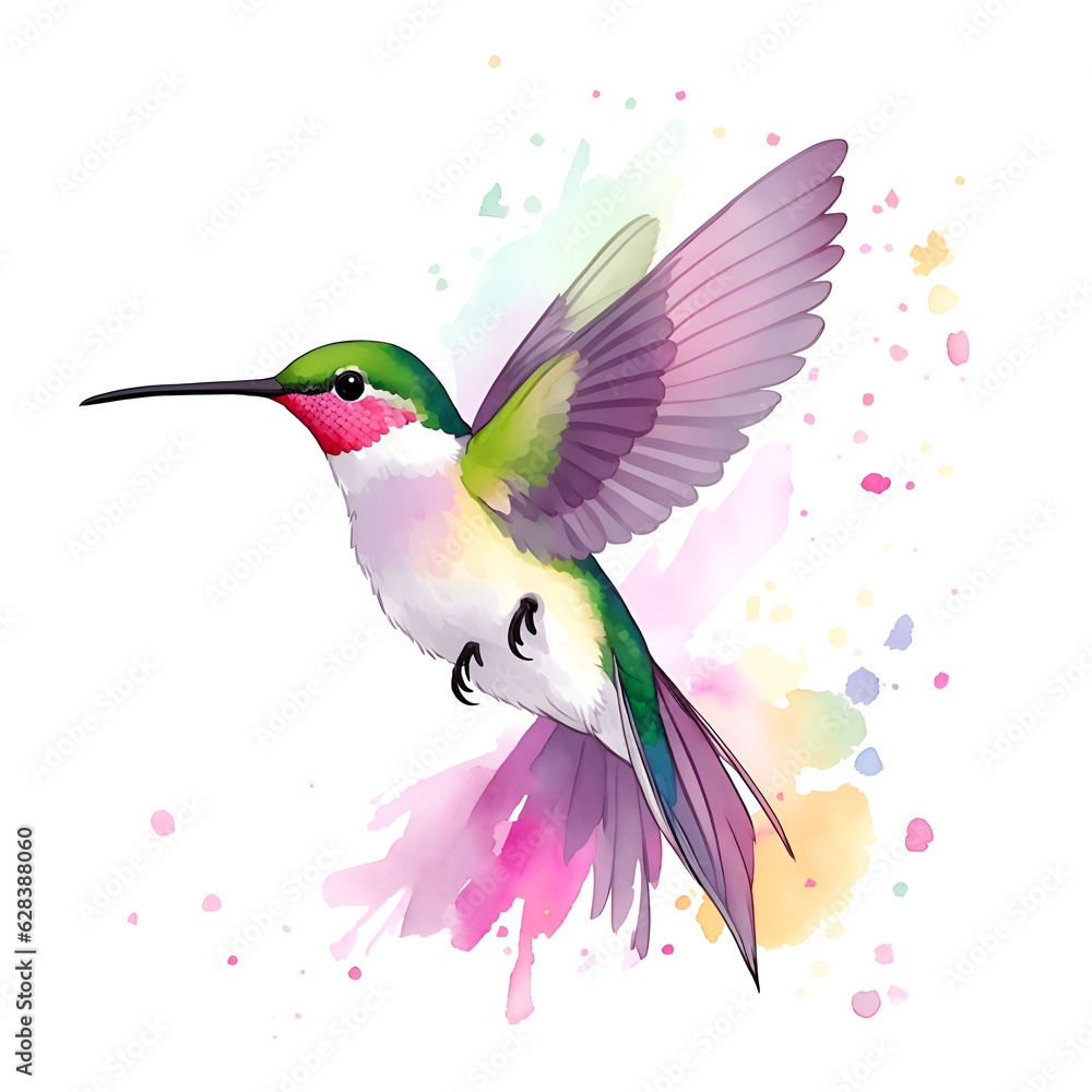 Fototapeta premium Hummingbird in cartoon style. Cute Little Cartoon Hummingbird isolated on white background. Watercolor drawing, hand-drawn Hummingbird in watercolor. For children's books, for cards, 
