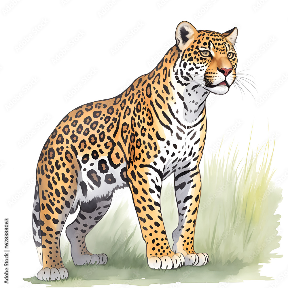 Obraz premium Jaguar in cartoon style. Cute Little Cartoon Jaguar isolated on white background. Watercolor drawing, hand-drawn Jaguar in watercolor. For children's books, for cards, Children's illustration.