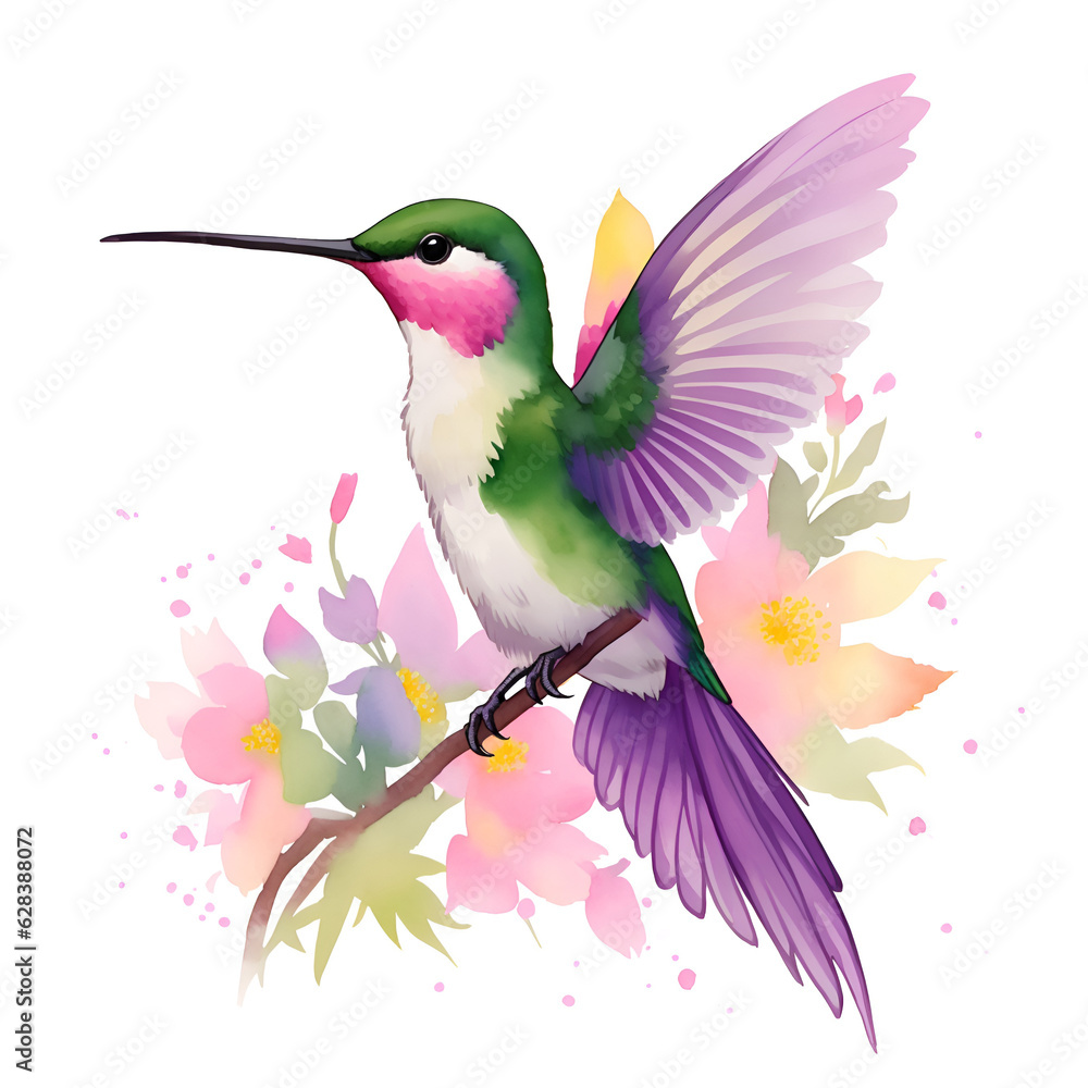 Obraz premium Hummingbird in cartoon style. Cute Little Cartoon Hummingbird isolated on white background. Watercolor drawing, hand-drawn Hummingbird in watercolor. For children's books, for cards,