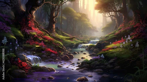  a painting of a stream running through a lush green forest. generative ai