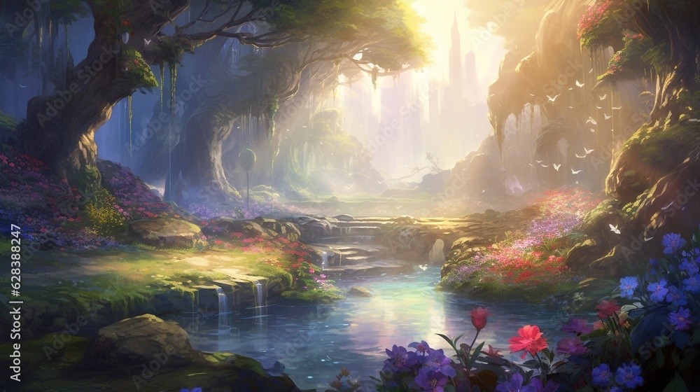 Fototapeta premium a painting of a forest with flowers and a stream of water. generative ai