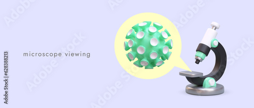 Advertising for laboratory. 3d realistic microscope performing research. Scientific microscope data analysis in clinic. Research of viruses and bacteria concept. Vector illustration