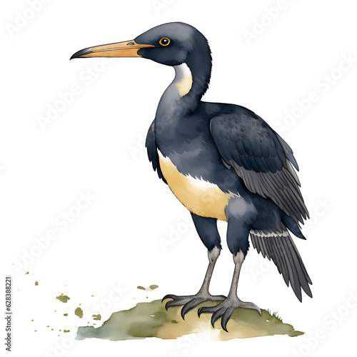 Flightless Cormorant bird in cartoon style. Cute Little Cartoon Flightless Cormorant bird isolated on white background. Watercolor drawing, hand-drawn Flightless Cormorant bird in watercolor.  photo