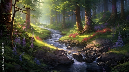  a painting of a stream running through a lush green forest. generative ai