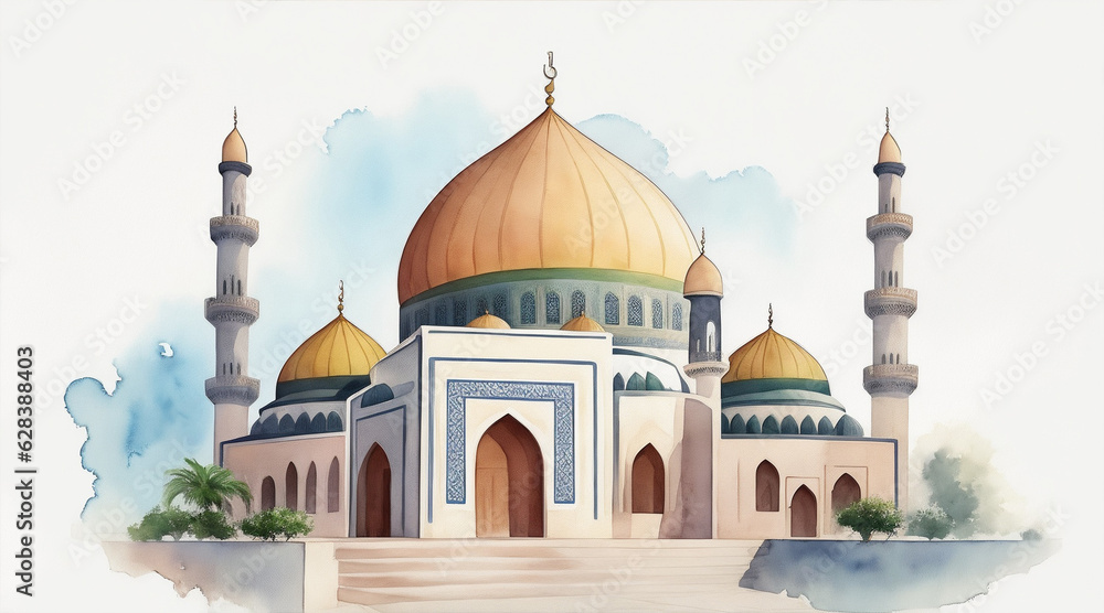 A watercolor painting of a mosque. Generative AI.