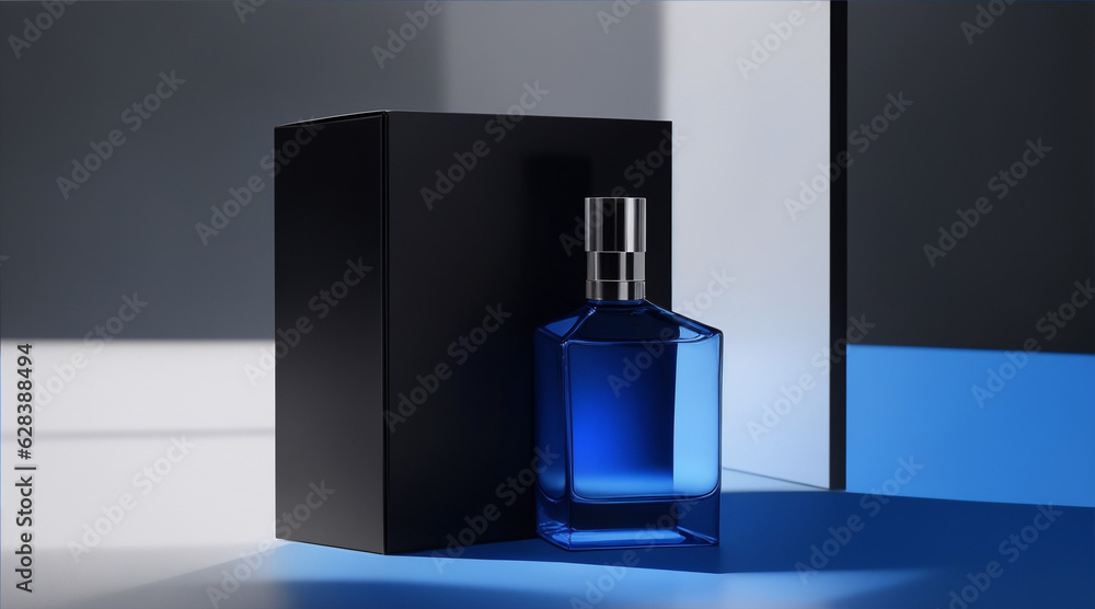 Men perfume glass bottle advertising promotional mockup product packaging photograph in black studio and got shadow effect from window with blue shadow. Generative AI. Men perfume glass bottle advertising promotional mockup product packaging photograph in black studio and got shadow effect from window with blue shadow. Generative AI.