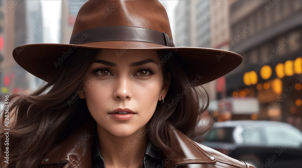 Image of a woman with a serious expression wearing a brown leather jacket and a fedora in the city. Generative AI. Image of a woman with a serious expression wearing a brown leather jacket and a fedora in the city. Generative AI.