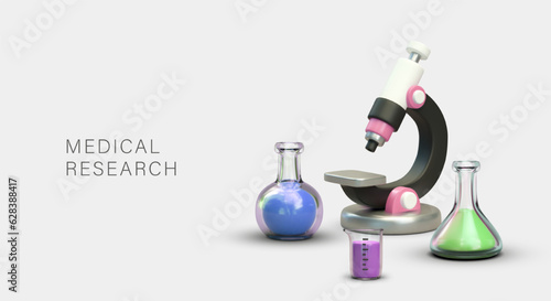 3d realistic microscope with different flask with liquids. Testing substances in laboratory. Medical research concept. Vector illustration with place for text