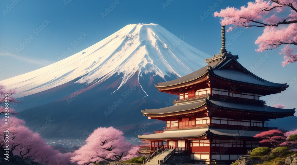 A digital painting of a mountain fuji with a Japanese building in the background. Generative AI.