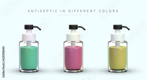 Set of pink, green, yellow antiseptics. Bottles with dispensers. Containers for disinfectants, hand sanitizer. Protection against viruses, bacteria. Isolated vector illustration in cartoon style