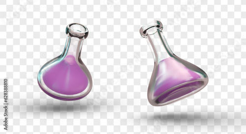 3D triangular round flask with narrow neck. Laboratory Erlenmeyer flask with pink liquid. Glass labware. Vector color objects, view from different sides