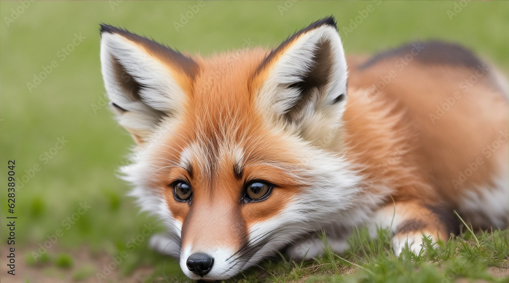 Closeup of a cute fox cub. Generative AI.