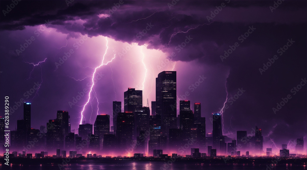 Silhouette of a city skyline during intense lightning storm. Generative AI.
