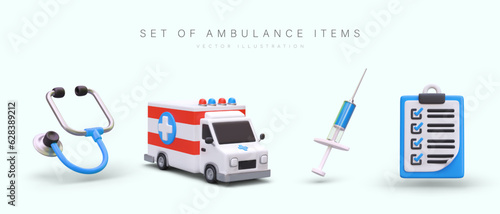 Set of 3d cartoon stethoscope, ambulance, syringe and clipboard with medical cart or checklist. Ambulance items concept. Vector illustration in blue and red colors