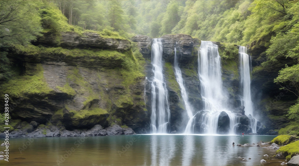 Fototapeta premium Two groups of rock formations standing at a waterfall in the forest. Generative AI.
