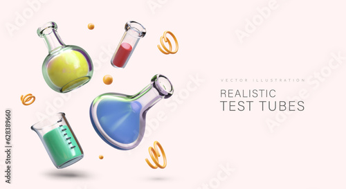 Colorful realistic 3d test tubes. Advertising poster for hospital. Medical research and tests concept. Med tubes with liquids. Vector illustration with place for text