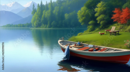 Boat on the lake oil painting wallpaper background landscape boating wallpaper. Generative AI.