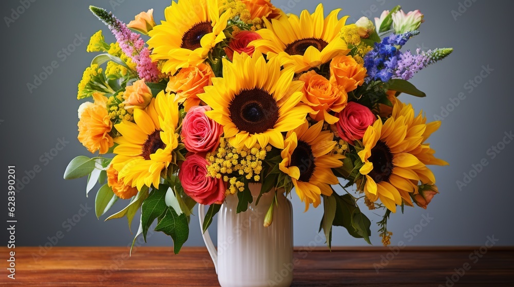 a bouquet of sunflowers and roses in a vase. generative ai a bouquet of sunflowers and roses in a vase. generative ai