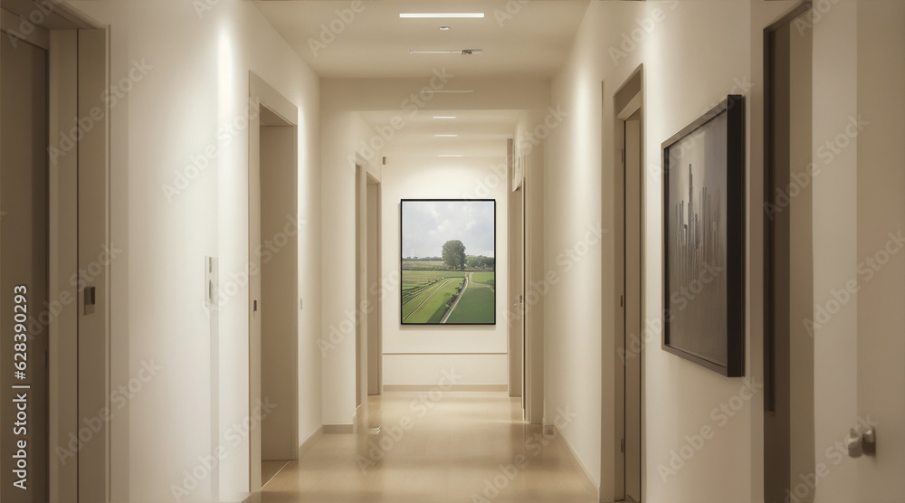 Square canvas framed in corridor. Generative AI. Square canvas framed in corridor. Generative AI.