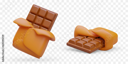 3D half opened brown chocolate bar. Sweets in wrapper. Time to enjoy something sweet. Chocolate Day. Set of isolated vector images, front and side view
