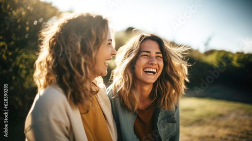 two blond young women laughing and having fun together in nature