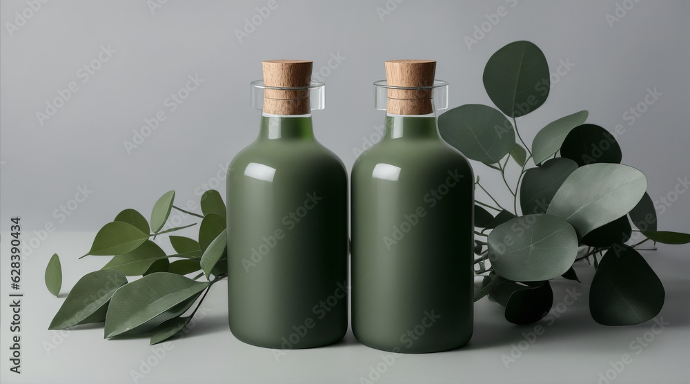 Two sage green bottles laying on eucalyptus leaves in the style of industrial and product design. Generative AI. Two sage green bottles laying on eucalyptus leaves in the style of industrial and product design. Generative AI.