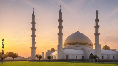 Free photo ramadan Kareem Eid Mubarak mosque in evening with sunlight background. Generative AI.