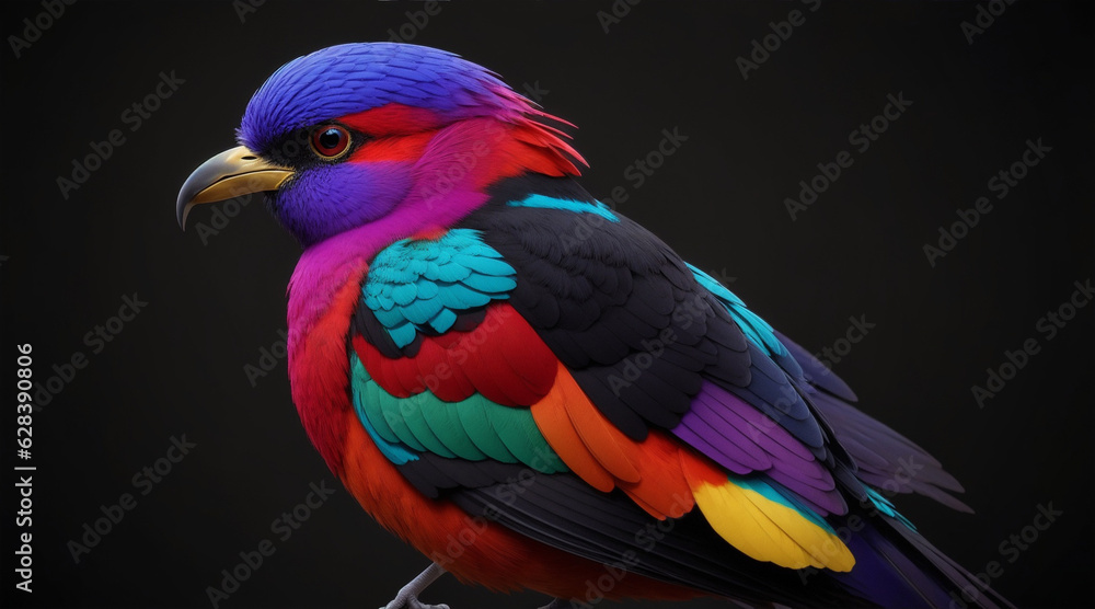 A colorful bird with a black background. Generative AI.