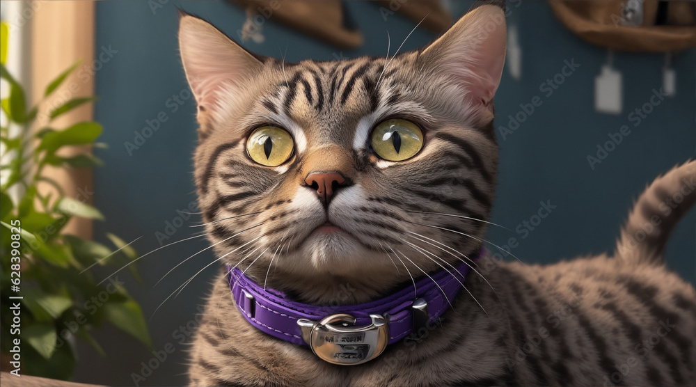 A cat with a collar that says cat on it. Generative AI.