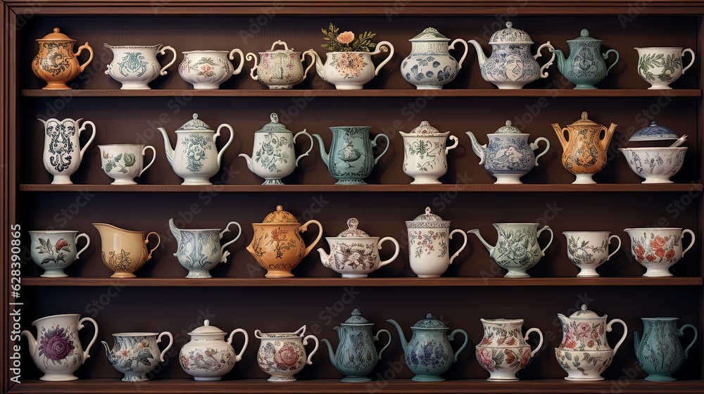 a shelf filled with lots of different kinds of vases. generative ai a shelf filled with lots of different kinds of vases. generative ai