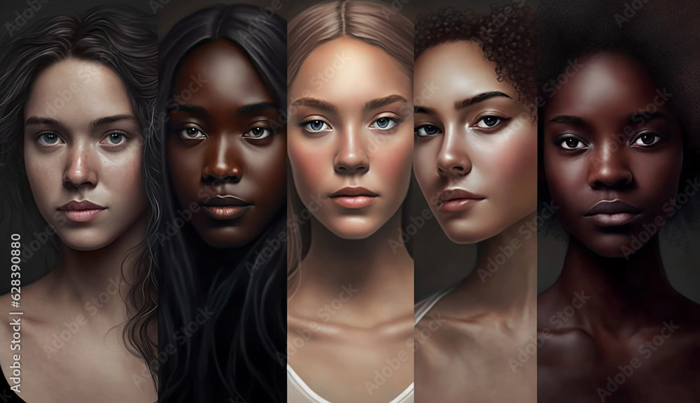 Real beauty exists in every corner of the world and is presented by women of all races. Group portrait of five beautiful ladies in black tops and with different skin