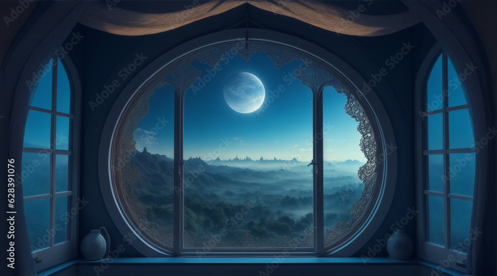 Window in room with surreal and mystical view. Generative AI.