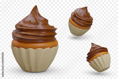Cupcake with chocolate whipped swirl cream topping. Muffin in package, top, bottom, side view. Set of vector images with reflections and shadows. Culinary theme, sweets